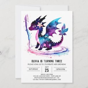 Invitation Adorable Dragon Peint Digital Girl Anniversaire