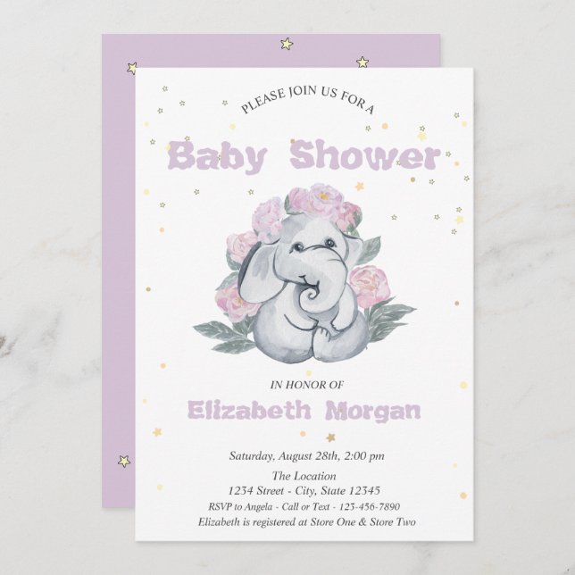 Invitation Adorable Eléphant, Baby shower Fleurs d'étoiles (Devant / Derrière)