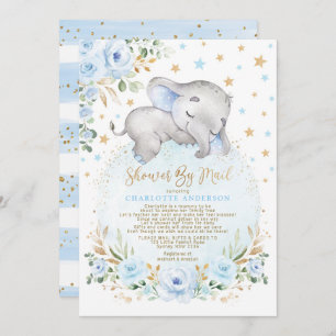 Invitation Adorable Eléphant Baby shower Or Bleu Par Mail
