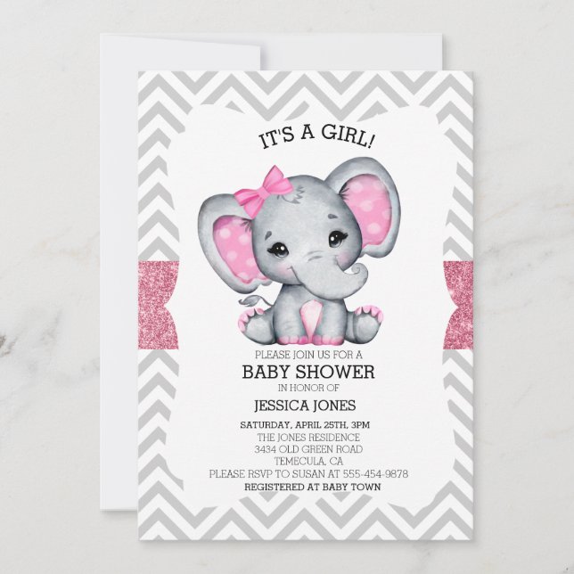 Invitation Adorable Eléphant rose Chevron Parties scintillant (Devant)
