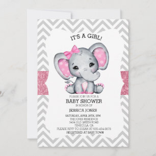 Invitation Adorable Eléphant rose Chevron Parties scintillant