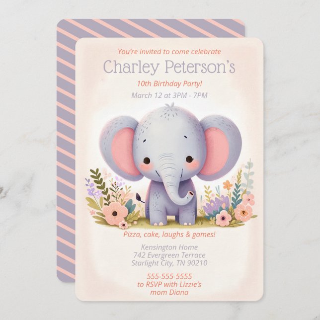 Invitation Adorable Elephant thème Anniversaire fête pour enf (Devant / Derrière)