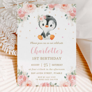 Invitation Adorable Fille florale de Pingouin 1er anniversair