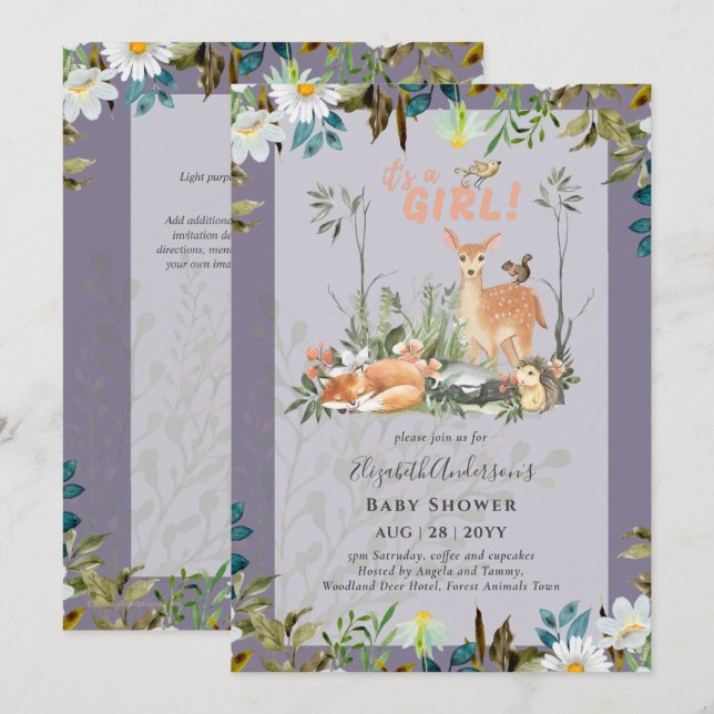 Invitation Adorable FILLES Baby shower de cerfs de bois Lilac (Devant / Derrière)