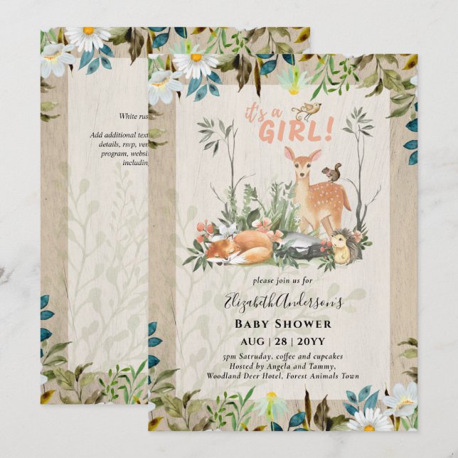Invitation Adorable FILLES Baby shower de cerfs de bois rusti (Devant / Derrière)