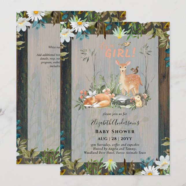 Invitation Adorable FILLES Baby shower de cerfs de bois rusti (Devant / Derrière)