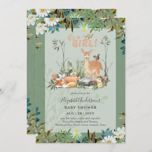 Invitation Adorable FILLES Baby shower de cerfs de bois vert