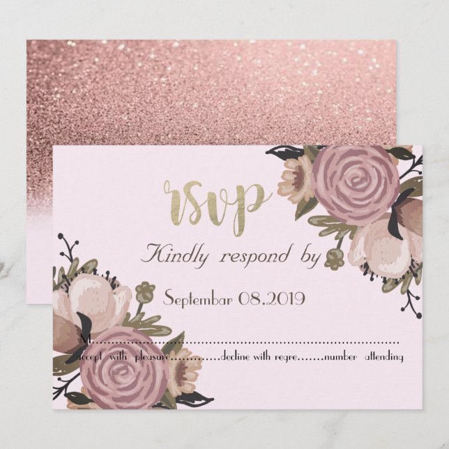 Invitation Adorable floral, RSVP pailleté (Devant / Derrière)