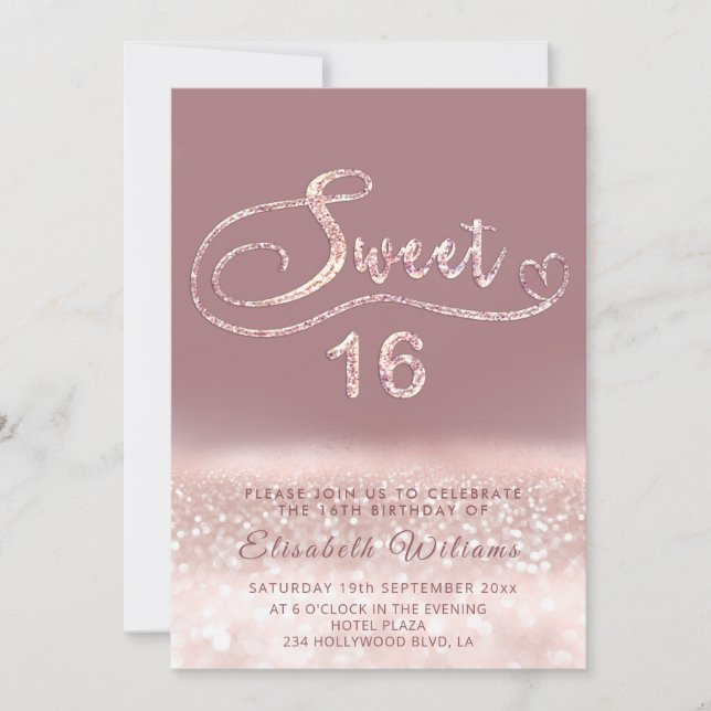 Invitation Adorable Glam rose or parties scintillant script o (Devant)