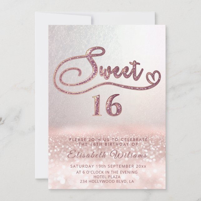 Invitation Adorable Glam rose or parties scintillant script o (Devant)