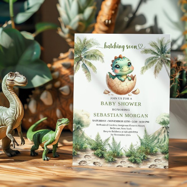 Invitation Adorable hatching soon baby shower invite editable (Cute Hatching Soon Dinosaur Baby Shower Invitation)