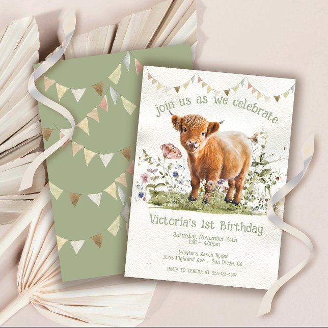 Invitation Adorable Highland Cow 1st Birthday Party (Créateur téléchargé)