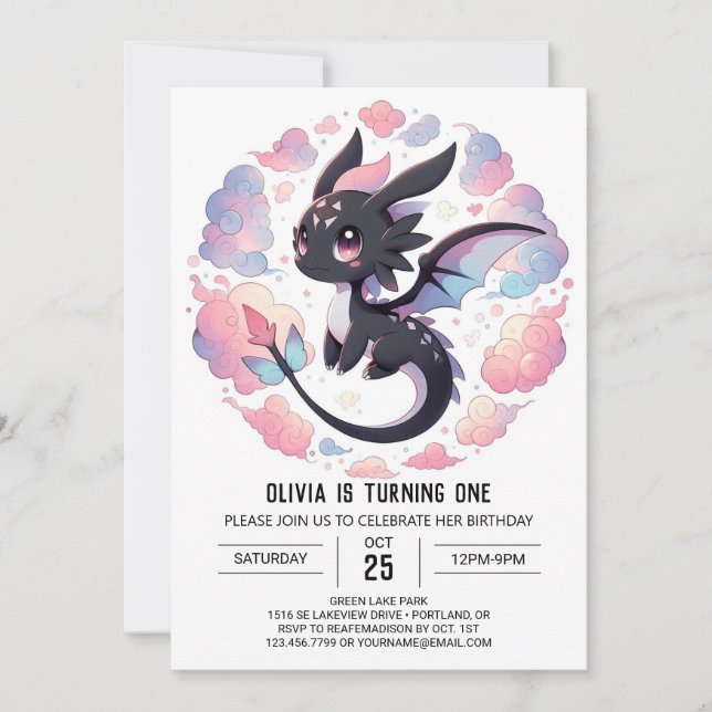 Invitation Adorable Imaginaire Dragon 1er anniversaire (Devant)
