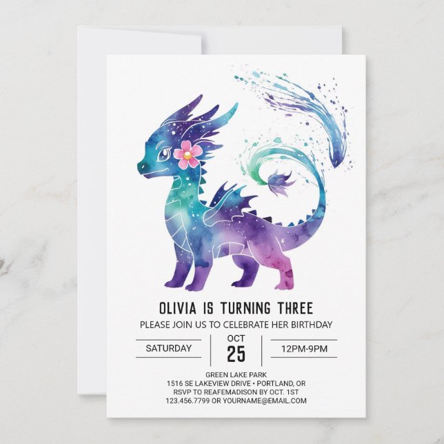 Invitation Adorable Joyeux Dragon Digital Girl Anniversaire (Devant)