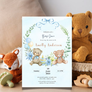 Invitation Adorable jumeaux en peluche ours baby shower flora