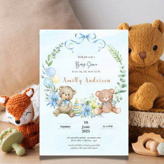Invitation Adorable jumeaux en peluche ours baby shower flora