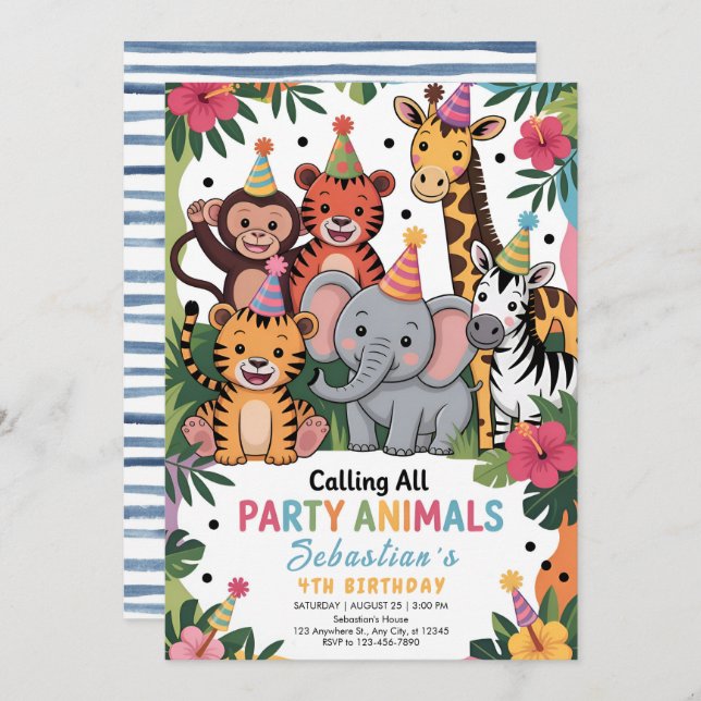Invitation Adorable Jungle Party Animals Birthday (Devant / Derrière)