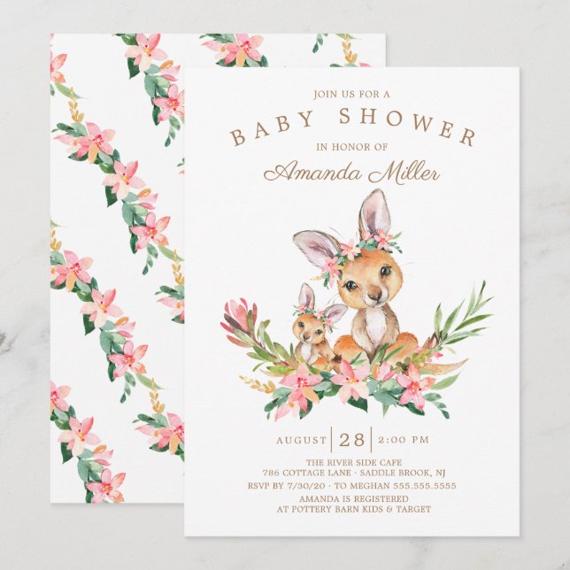 Invitation Adorable Kangaroo Maman & Baby Girls Baby shower (Devant / Derrière)
