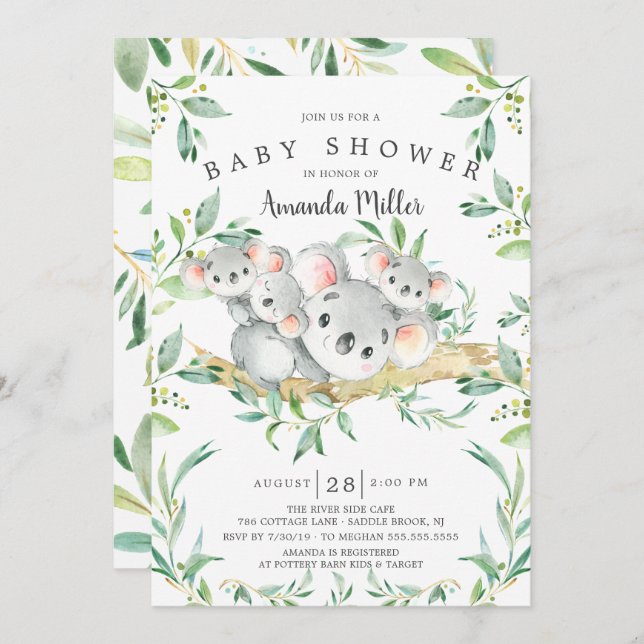 Invitation Adorable Koala BearTriplets Baby shower (Devant / Derrière)