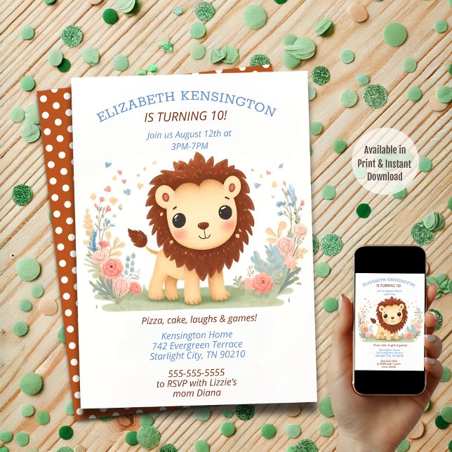 Invitation Adorable Lion à thème fête d'anniversaire pour enf (Available in Print and Instant Download)