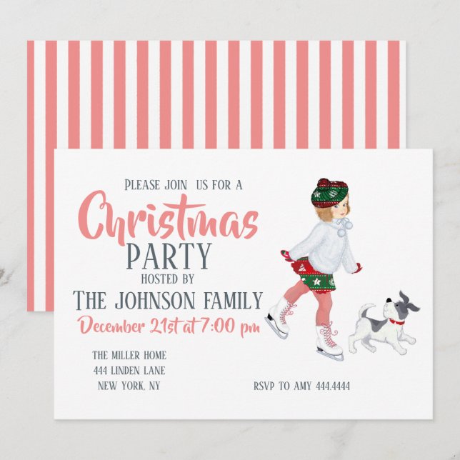 Invitation Adorable little girl skating on ice and dog (Devant / Derrière)