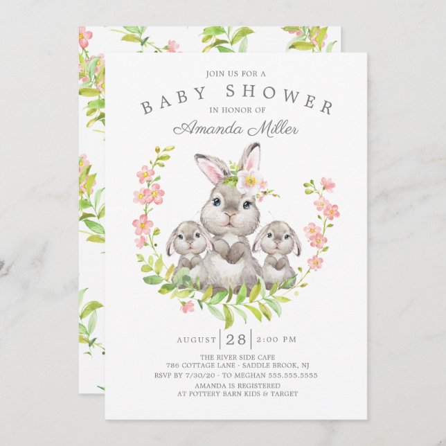 Invitation Adorable Maman & Baby Bunnies Baby shower jumeaux (Devant / Derrière)