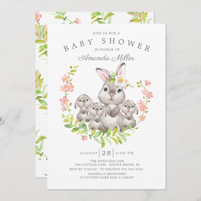 Invitation Adorable Maman & Baby Bunnies Triplets Baby shower (Devant / Derrière)
