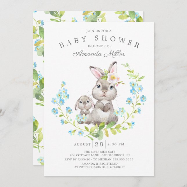 Invitation Adorable Maman & Baby Bunny Boys Baby shower (Devant / Derrière)