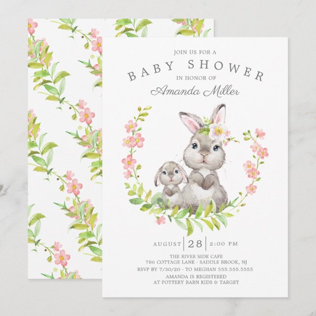 Invitation Adorable Maman & Baby Bunny Girls Baby shower (Devant / Derrière)