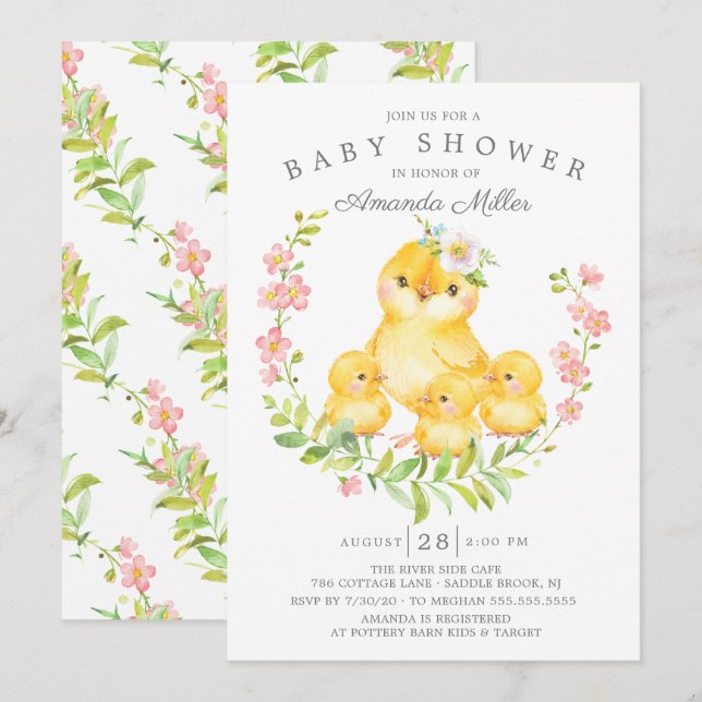 Invitation Adorable Maman & Baby Chicks Triplets Baby shower (Devant / Derrière)
