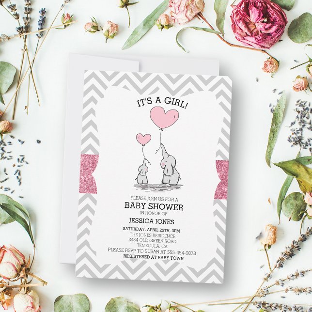 Invitation Adorable Maman & Bébé Éléphants Roses Baby Shower (Créateur téléchargé)