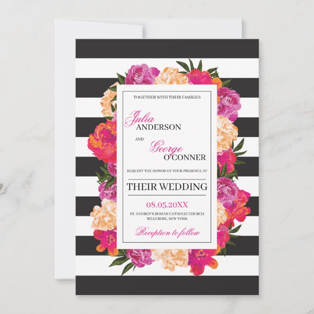 Invitation Adorable mariage floral boho rose fuchsia (Devant)