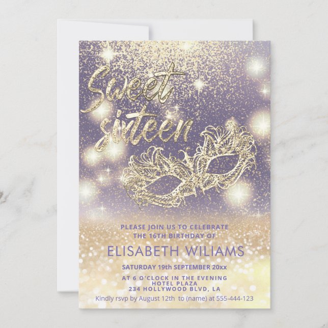 Invitation Adorable Masquerade charmant glittery ombre lilac (Devant)