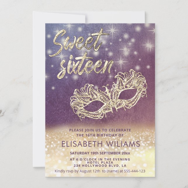 Invitation Adorable Masquerade charmant glittery ombre violet (Devant)