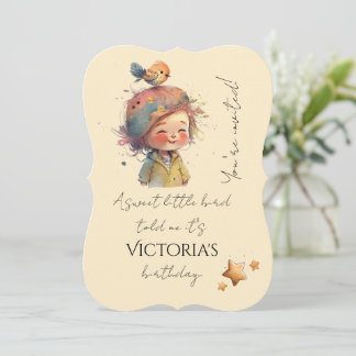 Invitation Adorable Neutral Pastel Gilrl Bird Stars Childhood