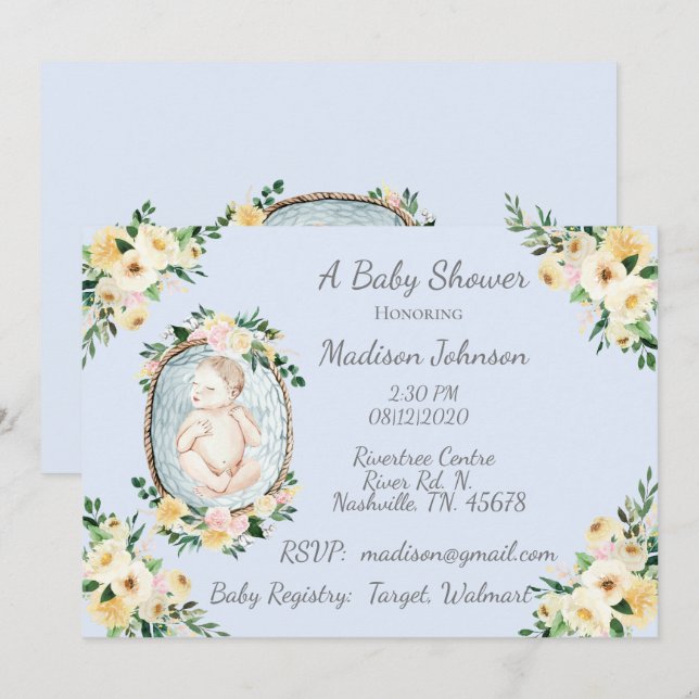 Invitation Adorable Nouveau-né Bleu Floral Bébé Garçon Douche (Devant / Derrière)