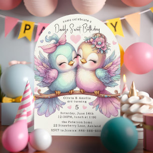 Invitation Adorable Oiseaux soeurs Sweet Pastel Double Annive