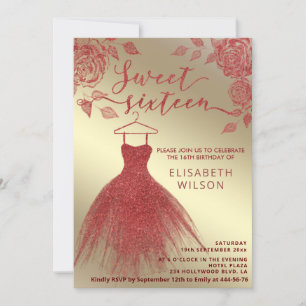 Invitation Adorable or Roses rouges rouge gliterie robe