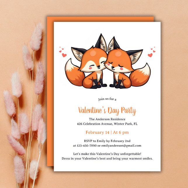 Invitation Adorable Orange Fox Valentine's Day Party (Adorable Valentine's Day Party Invitation with Fox Couple Design)