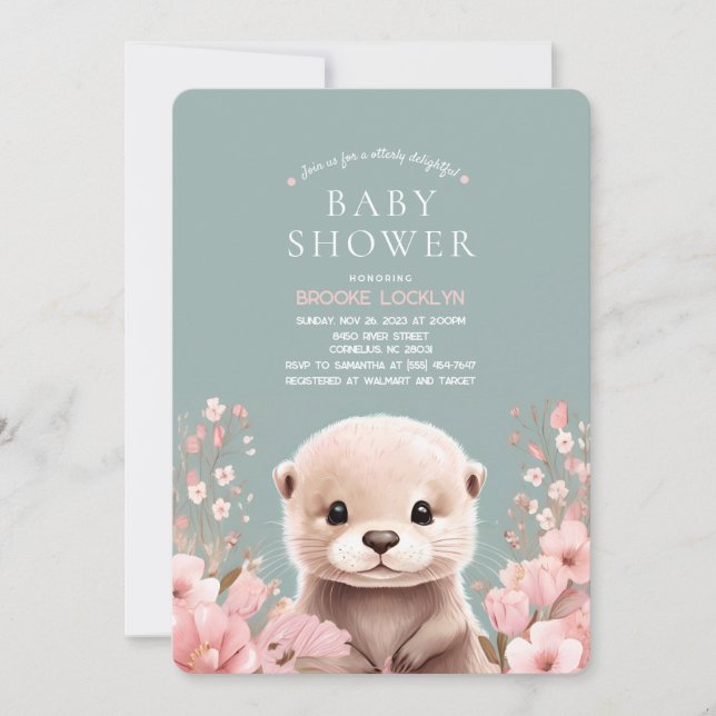 Invitation Adorable Otter Girl Baby shower avec fleurs roses (Devant)