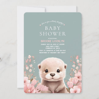 Invitation Adorable Otter Girl Baby shower avec fleurs roses