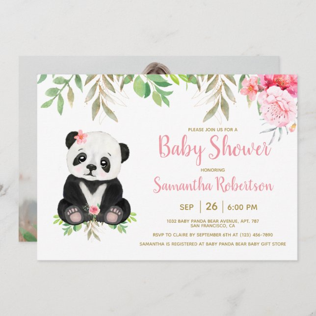 Invitation Adorable Ours Blush rose Baby shower Floral Photo (Devant / Derrière)