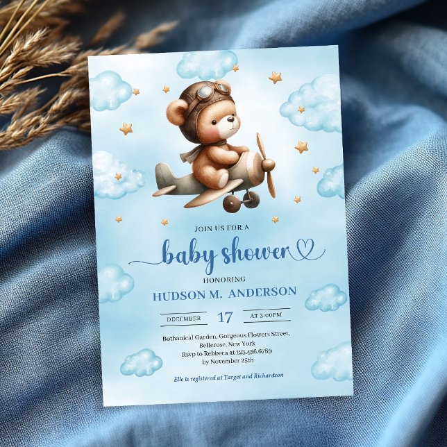 Invitation Adorable ours en aviateur bleu pour garçon, douche (teddy bear PILOT baby shower,
bear theme baby shower invitation,
baby boy blue brown gold,
watercolo)