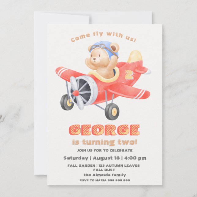 Invitation Adorable Ours Pilote d'avion garçon d'anniversaire (Devant)