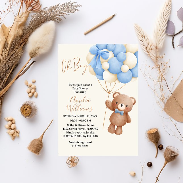 Invitation Adorable Ourson Oh Garçon Bleu Ballon Bébé (Créateur téléchargé)