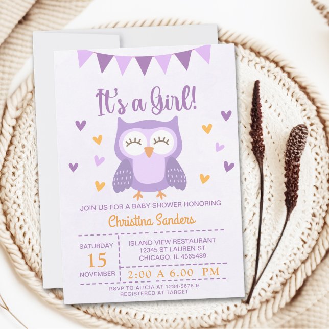 Invitation Adorable Owl Baby Shower Girl – It's a Girl' (Créateur téléchargé)
