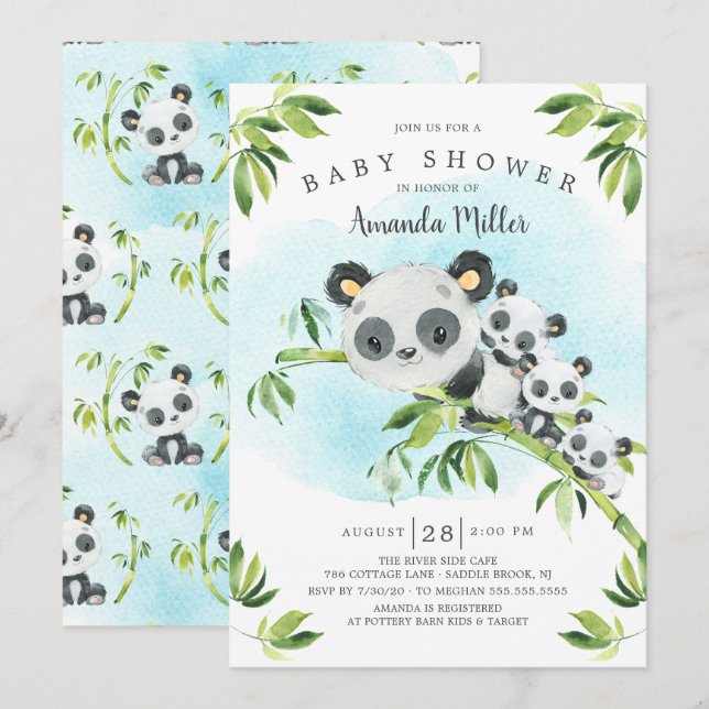 Invitation Adorable Panda Bears Triplets Baby shower (Devant / Derrière)