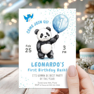 Invitation Adorable Panda Blue Balloon 1er anniversaire