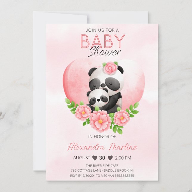 Invitation Adorable Panda Maman & bébé Baby shower rose Flora (Devant)