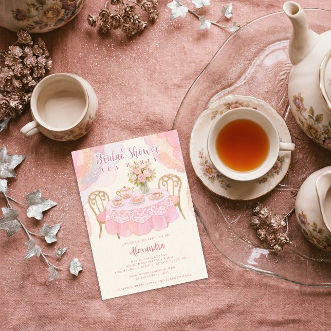 Invitation Adorable Pastel Pink Tea Party Bridal Shower (Adorable Pastel Tea Party Illustration Invitation Card Design for Bridal Shower in Pink Tones.)
